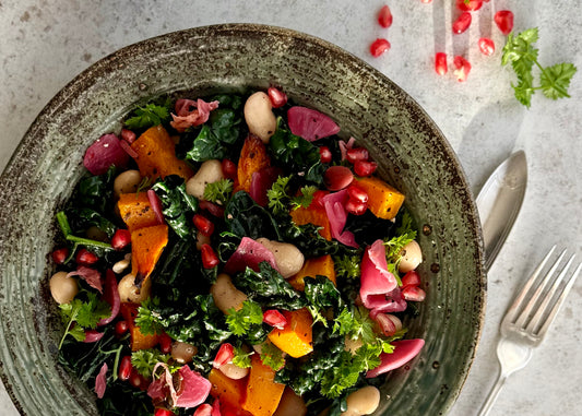 Delicious healthy autumnal salad with gut-healthy fermented vegetables