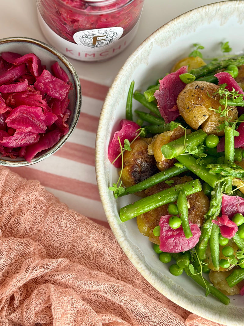 Smashed Summer Potato Salad with Pink Kimchi