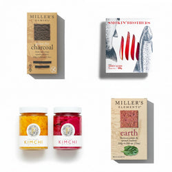 A flatlay of FERMARY Pink Kimchi +  FERMARY New Tropic Kimchi +  Smokin’ Brothers Smoked Salmon +  Millers Damsel Crackers